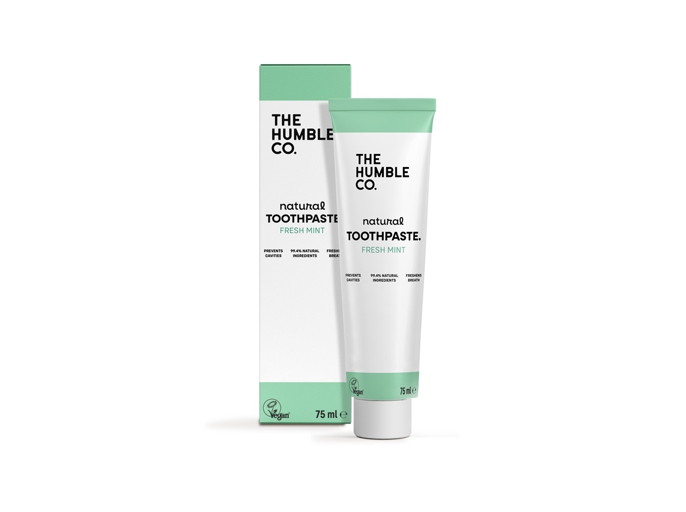 White tube of The Humble Co. Fresh Mint toothpaste, 75ml, with a mint green cap and box, featuring a clean design and vegan label.
