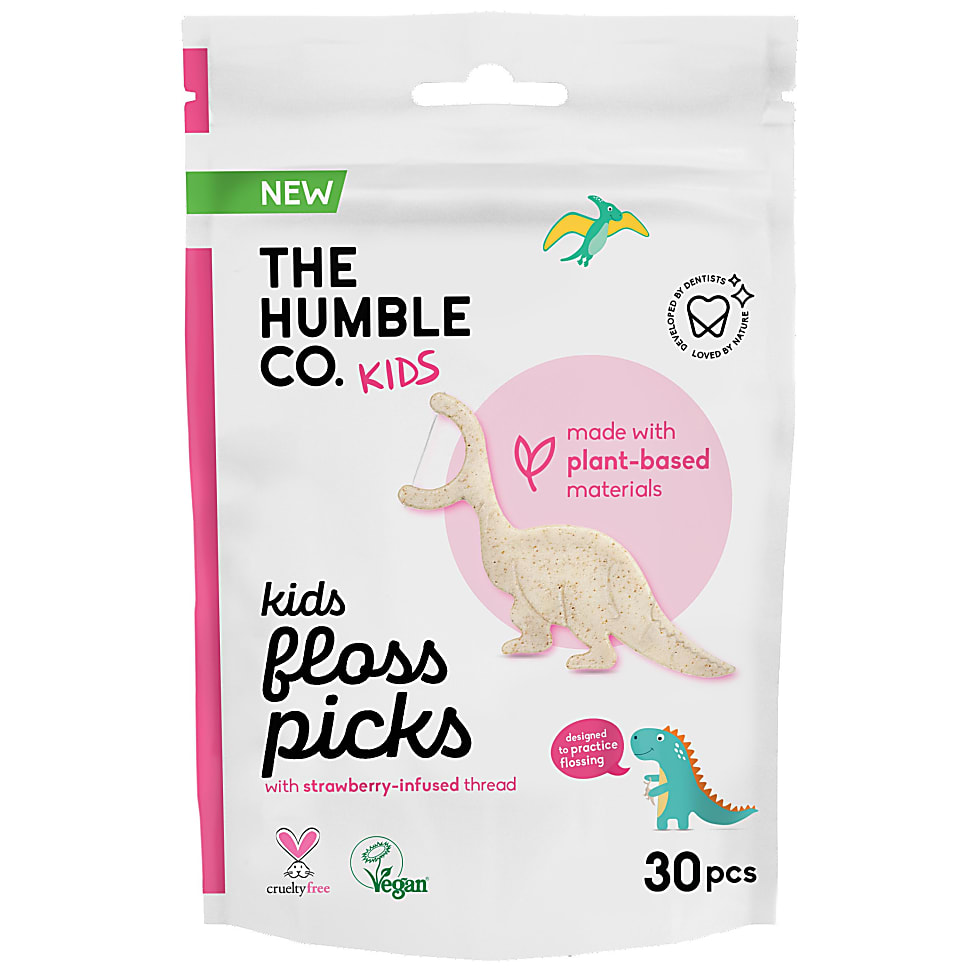 White pouch featuring a playful dinosaur design, labeled "Kids Floss Picks" in pink, with a strawberry theme and details about being vegan and made from plant-based materials.