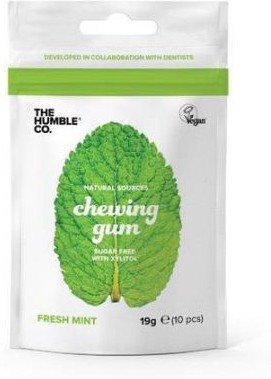 White packaging featuring a large green mint leaf, labeled "chewing gum" in bold white text, with "Fresh Mint" and "19g (10 pcs)" indicated below.