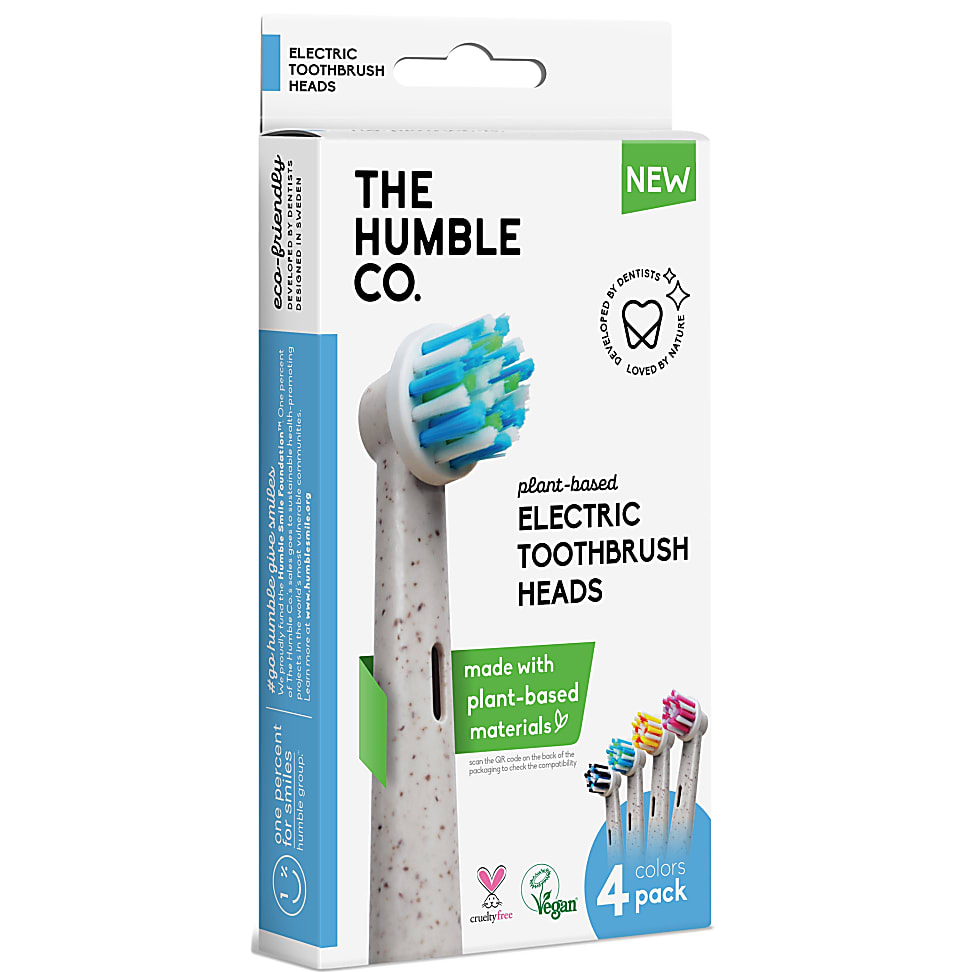 Plant-based electric toothbrush heads in a 4-pack, featuring a speckled white handle and colorful bristles in blue, green, yellow, and pink, with eco-friendly packaging.
