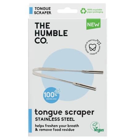 Stainless steel tongue scraper in eco-friendly packaging, featuring a sleek design with a curved shape, labeled "The Humble Co" and highlighting its vegan and recyclable attributes.