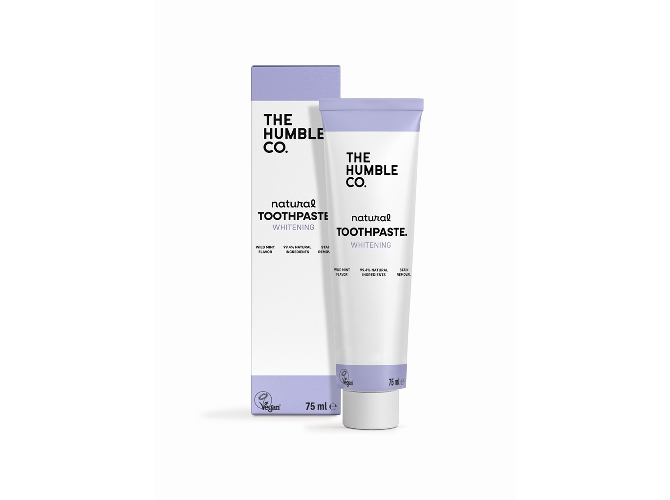 Natural charcoal toothpaste in a sleek white and lavender tube, featuring a minimalist design with "THE HUMBLE CO." prominently displayed, packaged in a matching box.