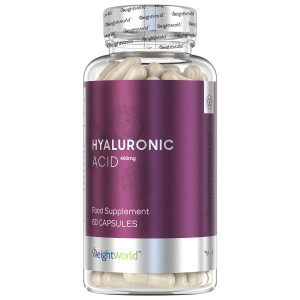 Clear plastic bottle with a silver cap, featuring a purple label that reads "Hyaluronic Acid 600mg" and "120 Capsules" by WeightWorld, emphasizing vegan supplement benefits for skin and joints.