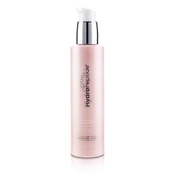 Light pink bottle with a sleek design, silver pump top, labeled "HydroPeptide Cashmere Cleanse Facial Rose Milk," suitable for all skin types, featuring aloe vera.