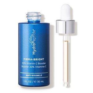 Blue glass bottle with silver accents, featuring a dropper cap, labeled "Firma-Bright 20% Vitamin C Booster" in white text, containing a light yellow serum, suitable for all skin types.