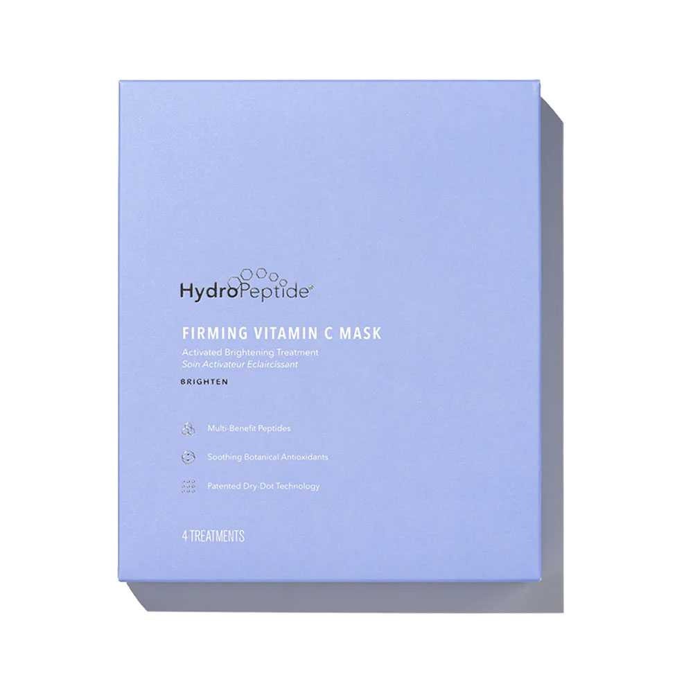 Light purple box labeled "HydroPeptide Firming Vitamin C Mask," featuring white text, with details about the product and indicating it contains four treatments.
