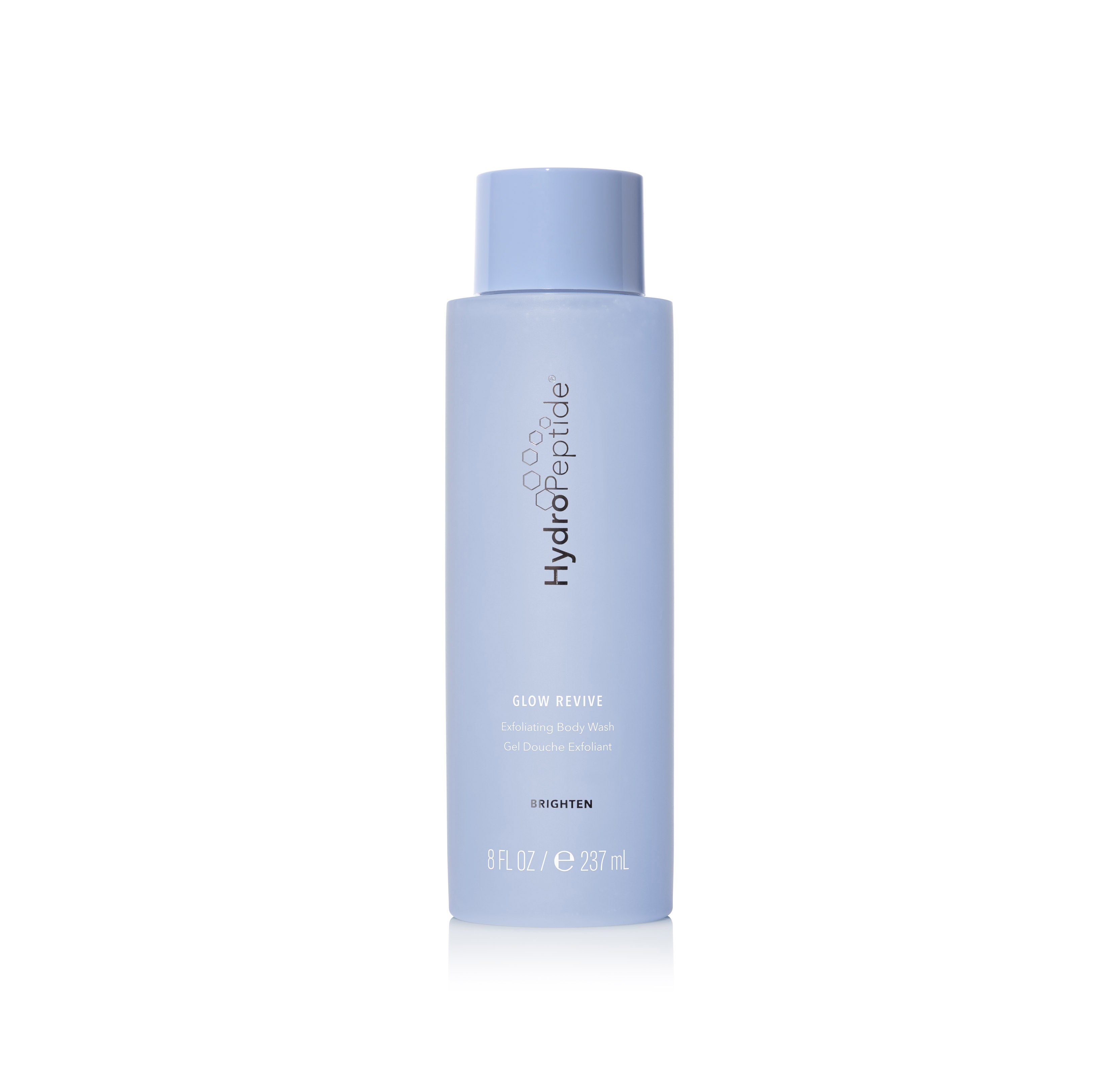 Light blue, sleek bottle of HydroPeptide Glow Revive Exfoliating Peptide Body Wash, 8 ounces, featuring a minimalist design and clear labeling for brightening benefits.