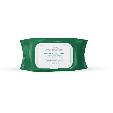 HydroPeptide HydroActive Cleanse Micellar Facial Towelettes in a green package, featuring a white label with product details, designed for hydration and antioxidant benefits.