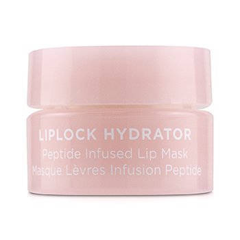 Light pink jar with a translucent lid, labeled "LIPLOCK HYDRATOR Peptide Infused Lip Mask," featuring a sleek design and white text, showcasing a hydrating lip treatment.