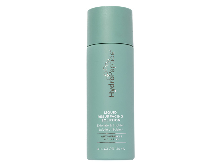 Mint green bottle with a sleek design, labeled "HydroPeptide Liquid Resurfacing Solution," featuring 120ml capacity, claims of anti-aging, and 2% salicylic acid for exfoliation.