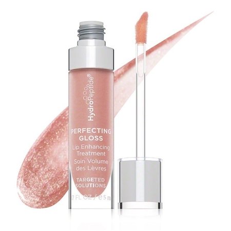 HydroPeptide Perfecting Gloss in Nude Pearl features a sleek tube with a silver cap, a soft applicator wand, and a shimmering nude-pink gloss with a creamy texture.