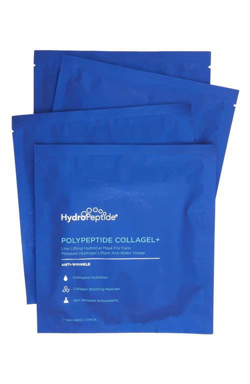 Bright blue packaging featuring "HydroPeptide PolyPeptide Collagel Face Mask" text, with a focus on anti-wrinkle benefits, includes multiple individual mask packets.