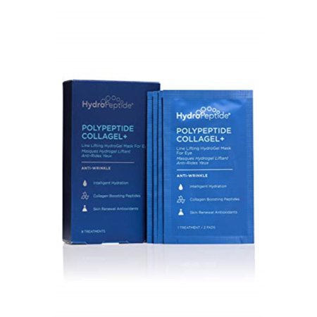 HydroPeptide PolyPeptide Collagel+ Eye Masks packaging features a sleek blue box with gold accents, containing eight individual foil packets for anti-wrinkle hydration.