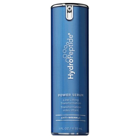 HydroPeptide Power Serum in a sleek blue bottle, featuring a silver pump top, labeled "Line Lifting Transformation" and "Anti-Wrinkle," with a 30ml capacity.