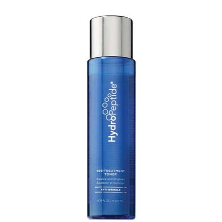 Clear blue bottle with a silver cap, labeled "HydroPeptide Pre-Treatment Toner" featuring "Balance and Brighten" and "Anti-Wrinkle" text, containing 6.76 fl. oz.