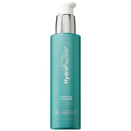 Teal bottle of HydroPeptide Purifying Cleanser (6.76 Fl. Oz.) with a silver pump top, featuring a sleek design and clear labeling for anti-aging and clarifying benefits.