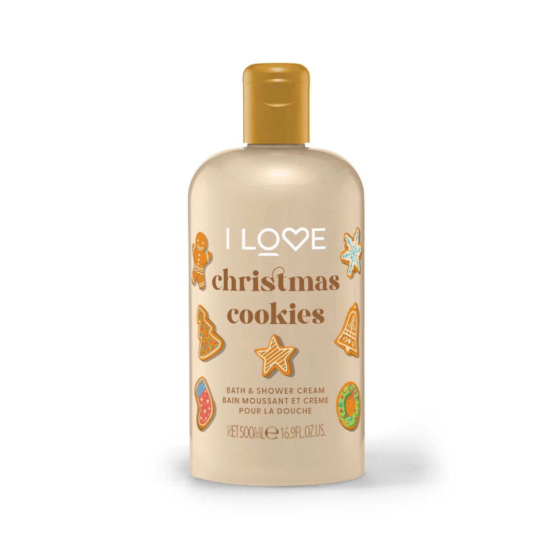 Cream-colored bottle with a gold cap, featuring colorful gingerbread and cookie illustrations, labeled "I Love Christmas Cookies Bath & Shower Crème," 500ml size.