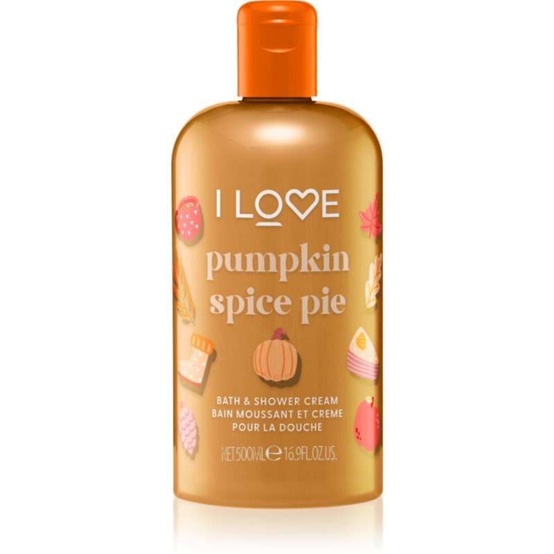 Golden bottle of "I Love Pumpkin Spice Pie" shower gel, featuring an orange cap and colorful autumn-themed illustrations, with a label highlighting its 500 ml size.