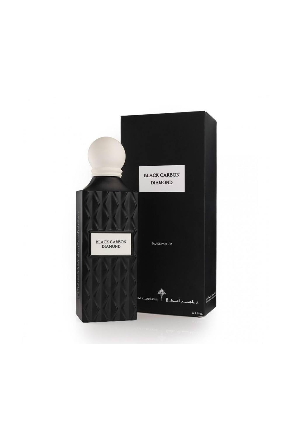 Black Carbon Diamond Eau De Parfum by Ibrahim Al Qurashi in a textured black bottle with a white cap, displayed alongside its sleek black box featuring a white label.