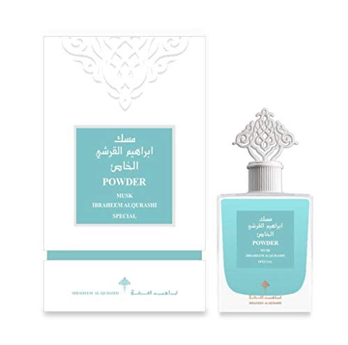 Elegant turquoise perfume bottle with intricate white cap design, accompanied by a matching box featuring Arabic text and decorative patterns, labeled "Powder Musk."