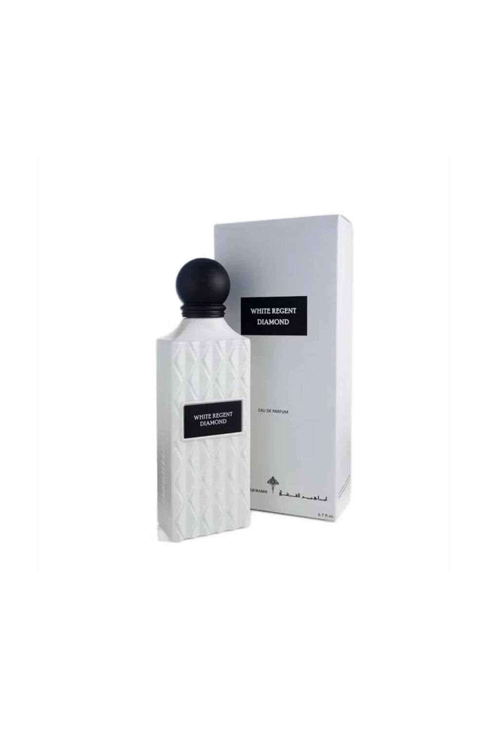 Elegant white bottle with a textured diamond pattern, topped with a black spherical cap, alongside a sleek white box featuring a black label, labeled "White Regent Diamond."