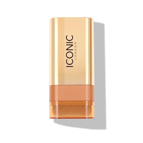 Gold and orange stick packaging with "ICONIC LONDON" logo, featuring a twist-up mechanism for a melting balm designed to provide a glowing finish.