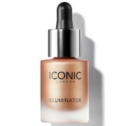 Glass dropper bottle with a metallic silver cap, containing a shimmering golden liquid labeled "ICONIC London Illuminator."