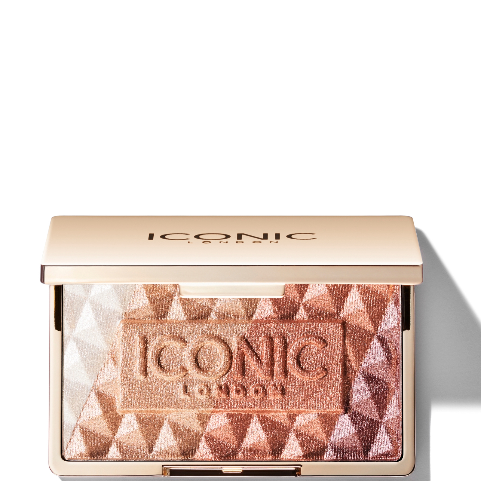 Luscious Glow Baked Face Highlighter in Metallic Gold, featuring a geometric pattern in warm gold tones, housed in a sleek, reflective gold compact with ICONIC LONDON branding.