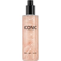 Clear glass spray bottle with a black pump top, containing a shimmery pink liquid, labeled "ICONIC London Prep-Set-Glow Hydrating Glowy Setting Spray" in bold black text.