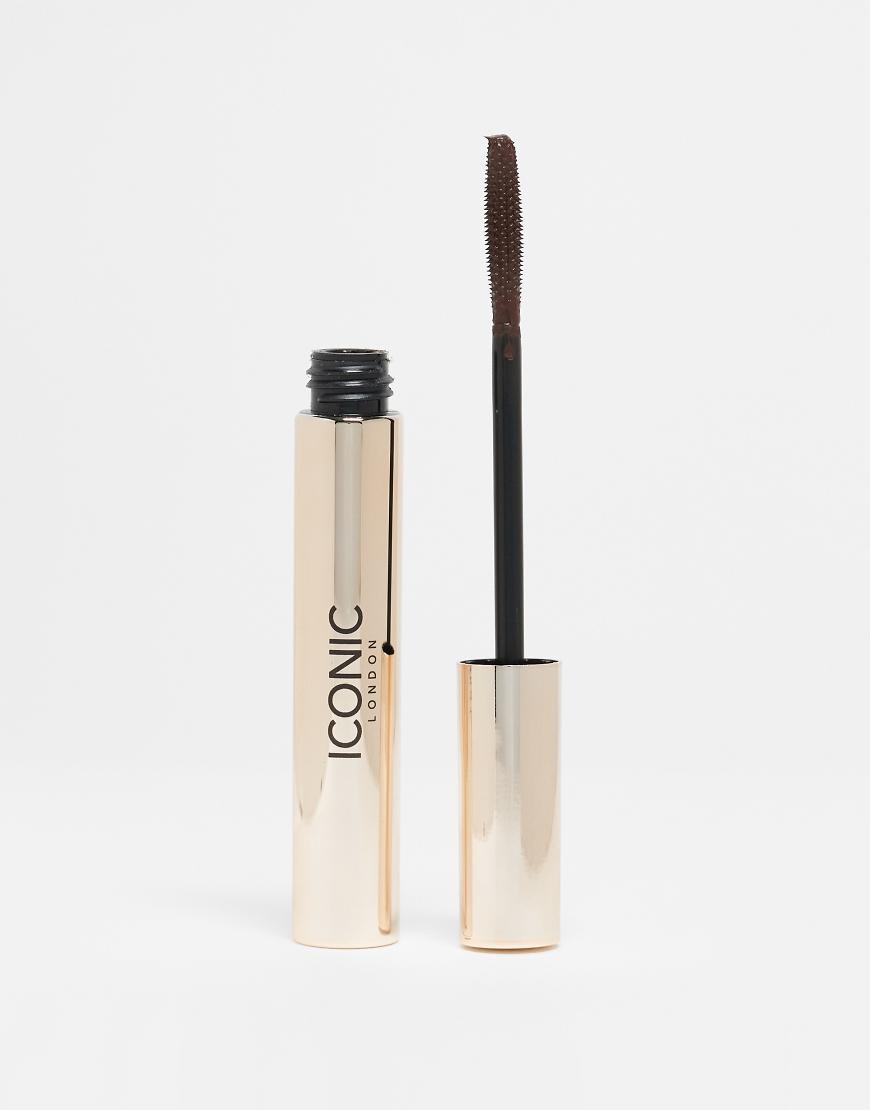ICONIC London Triple Threat Mascara in brown, featuring a sleek gold tube with a black wand and a textured bristle brush for enhanced lash volume and definition.