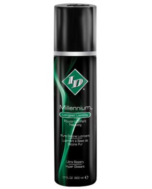 Black cylindrical pump bottle with a green and white label, featuring "ID Millennium" and "17 Fl Oz" text, designed for personal lubricant use.