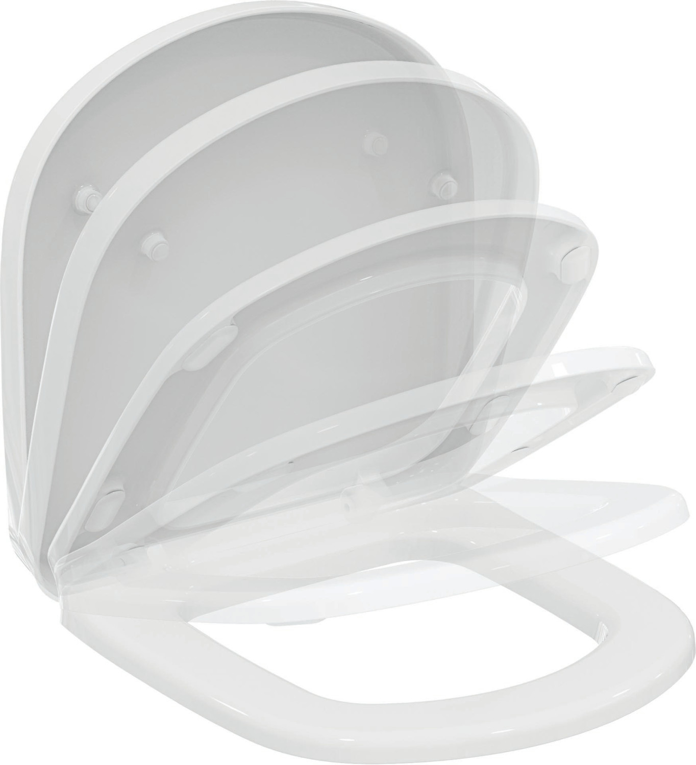 White Ideal Standard Tempo toilet seat and cover with a smooth, glossy finish, featuring a sleek design and adjustable hinges for easy installation.