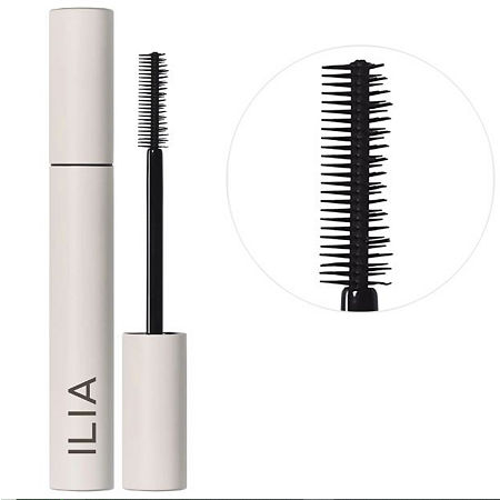 ILIA Limitless Lash Lengthening Clean Mascara in a sleek white tube with black lettering, featuring a long, thin brush with evenly spaced bristles for precise application.