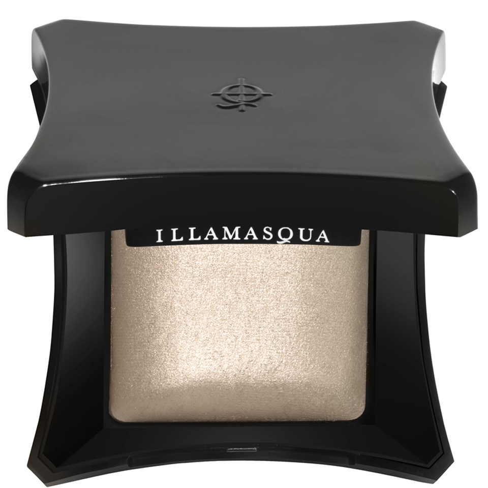 Illamasqua Beyond Powder Highlighter in "OMG," featuring a sleek black compact with a glossy finish and a shimmering, light gold powder inside.