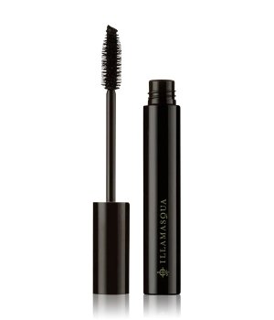 Black mascara tube with a sleek design, featuring a glossy finish and the Illamasqua logo, accompanied by a spiral-bristled wand for precise application.