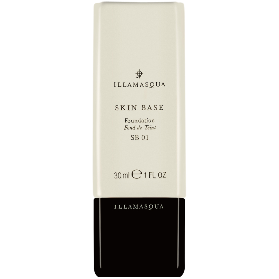 Illamasqua Skin Base Foundation in shade 01, featuring a sleek white and black bottle design, with a 30ml capacity and a matte finish for a smooth application.