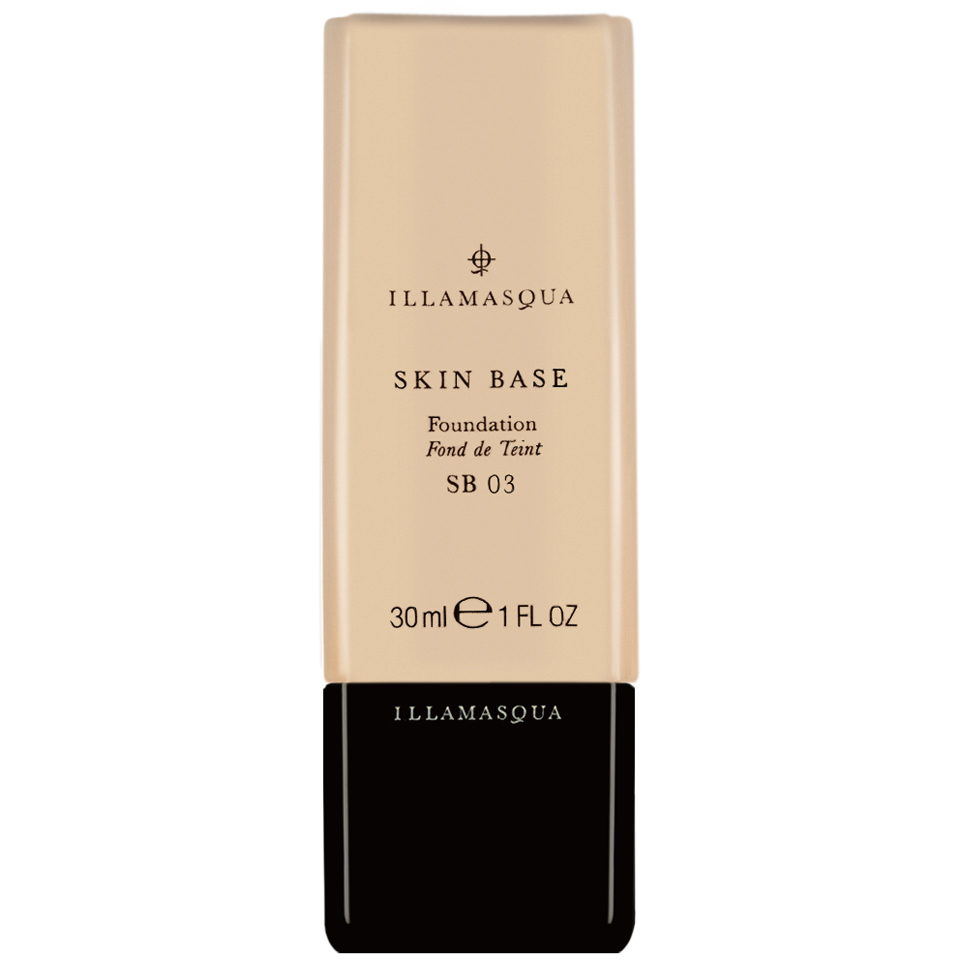 Illamasqua Skin Base Foundation in shade 03, featuring a sleek beige bottle with a black base, labeled with product details and a 30ml capacity.