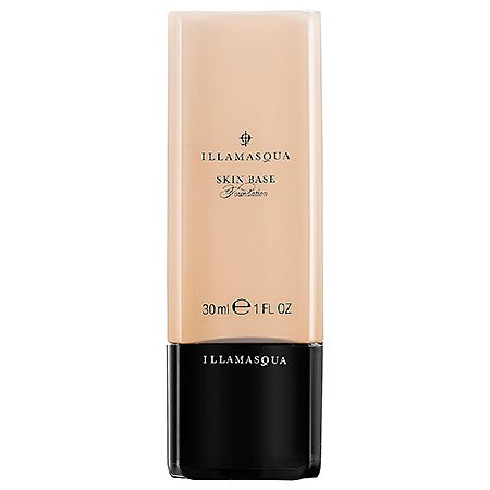 Illamasqua Skin Base Foundation in shade 06, featuring a sleek, transparent bottle with a black base, containing 30ml of a creamy, light beige liquid foundation.