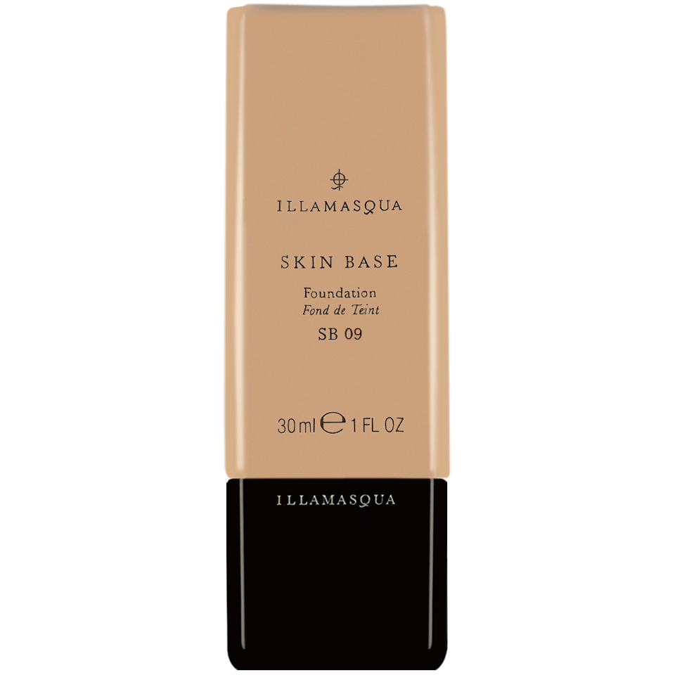 Illamasqua Skin Base Foundation in shade 09, featuring a sleek beige bottle with a black base, labeled with product details, and containing 30ml of liquid foundation.