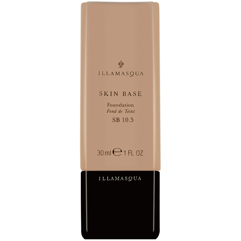 Illamasqua Skin Base Foundation in shade 10.5, featuring a sleek beige bottle with a black base, labeled with product details and a logo on the front.