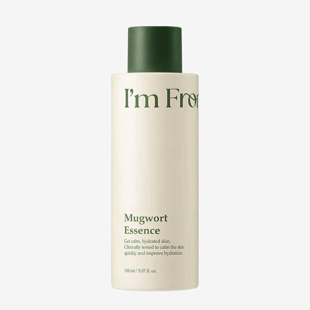 Green and cream bottle of "I'm From Mugwort Essence" (150ml) featuring a minimalist design with a green cap and text, emphasizing hydration and skin calming benefits.