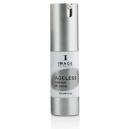 Clear, cylindrical bottle with a silver pump top and grey label reading "AGELESS total eye lift crème" by IMAGE Skincare, containing 0.5 oz of cream.