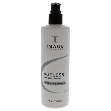 Gray plastic bottle with a black pump lid, labeled "Ageless Total Facial Cleanser" by IMAGE Skincare, featuring a sleek design and professional branding.
