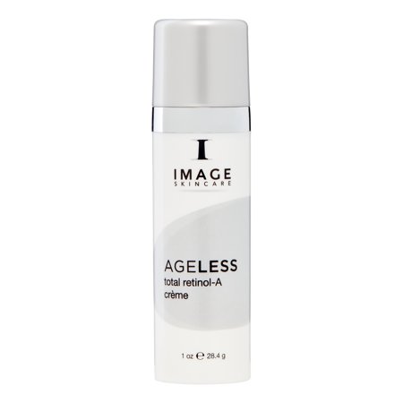 White cylindrical bottle with a silver pump top, labeled "AGELESS total retinol-A crème" by IMAGE Skincare, containing 1 oz of cream.