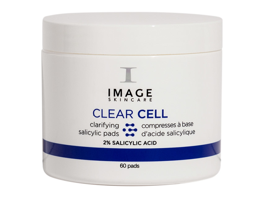 White round container with a blue label, labeled "CLEAR CELL," containing 60 clarifying salicylic pads with 2% salicylic acid for skincare.