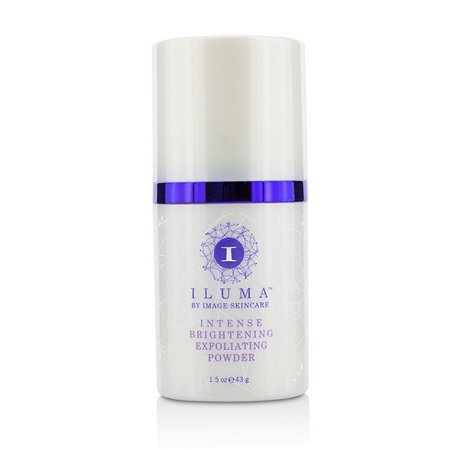 White cylindrical container with a purple band and logo, labeled "ILUMA Intense Brightening Exfoliating Powder," 1.5 oz, designed for unisex skincare.