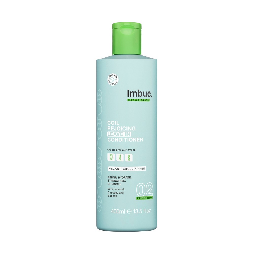 Light green bottle of Imbue Leave-in Curly Hair Conditioner, 13.5 fl oz, featuring a green cap, labeled as vegan and cruelty-free, designed for 4A-4C natural hair types.