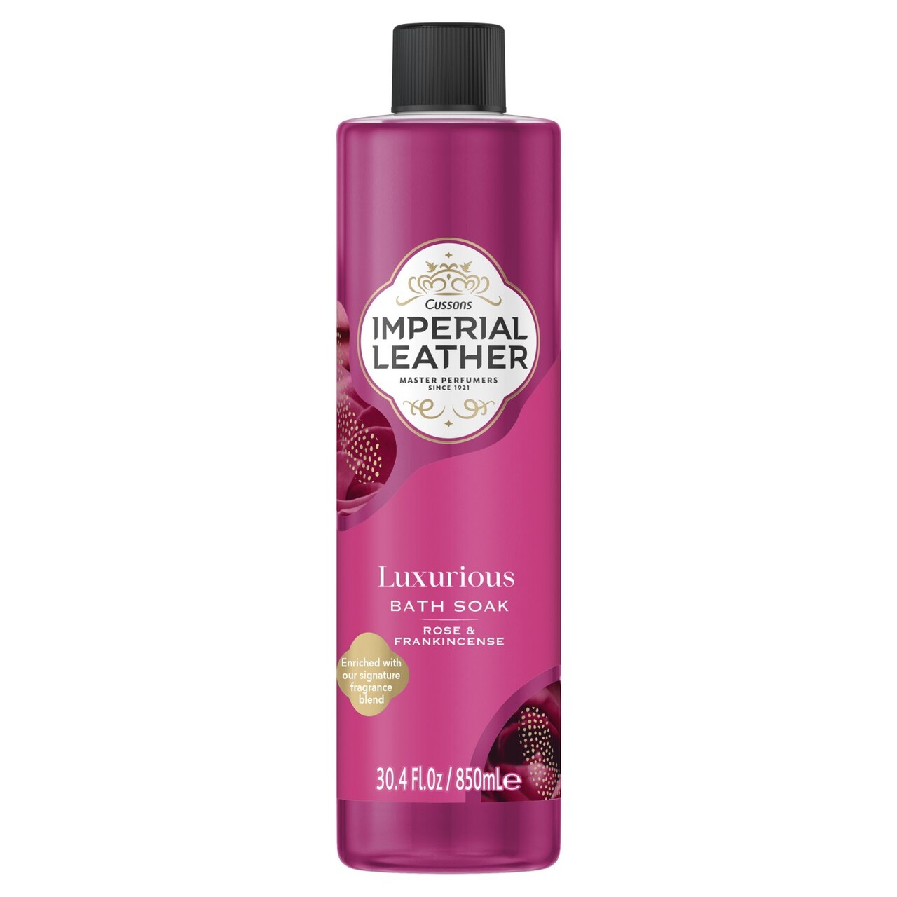Tall, cylindrical bottle of Imperial Leather Luxurious Bath Soak in vibrant pink, featuring a black cap and a label with gold accents, highlighting rose and frankincense scents.