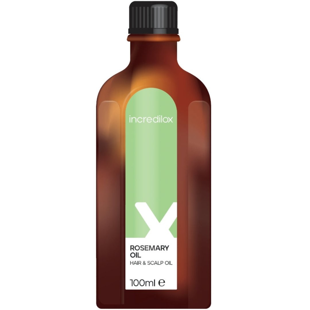Amber glass bottle with a black cap, featuring a green label that reads "Incredilox Rosemary Oil" and "100ml" in white text, designed for hair and scalp treatment.