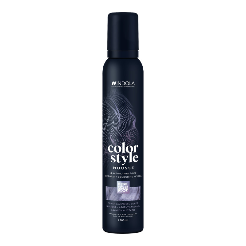 Indola Csm Lavender Silver 200 ml is a sleek dark blue aerosol can featuring a stylish design with swirling patterns and a lavender label, indicating its hair coloring mousse function.